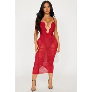Fashion Nova NWT Red Bandage Ruched Midi Dress Sm Valentine Date Night Bodycon